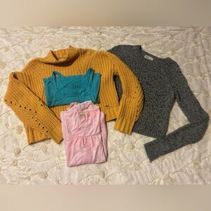 Hollister LOT!! Yellow sweater, gray sweater, pink open back top, blue tank! HOT